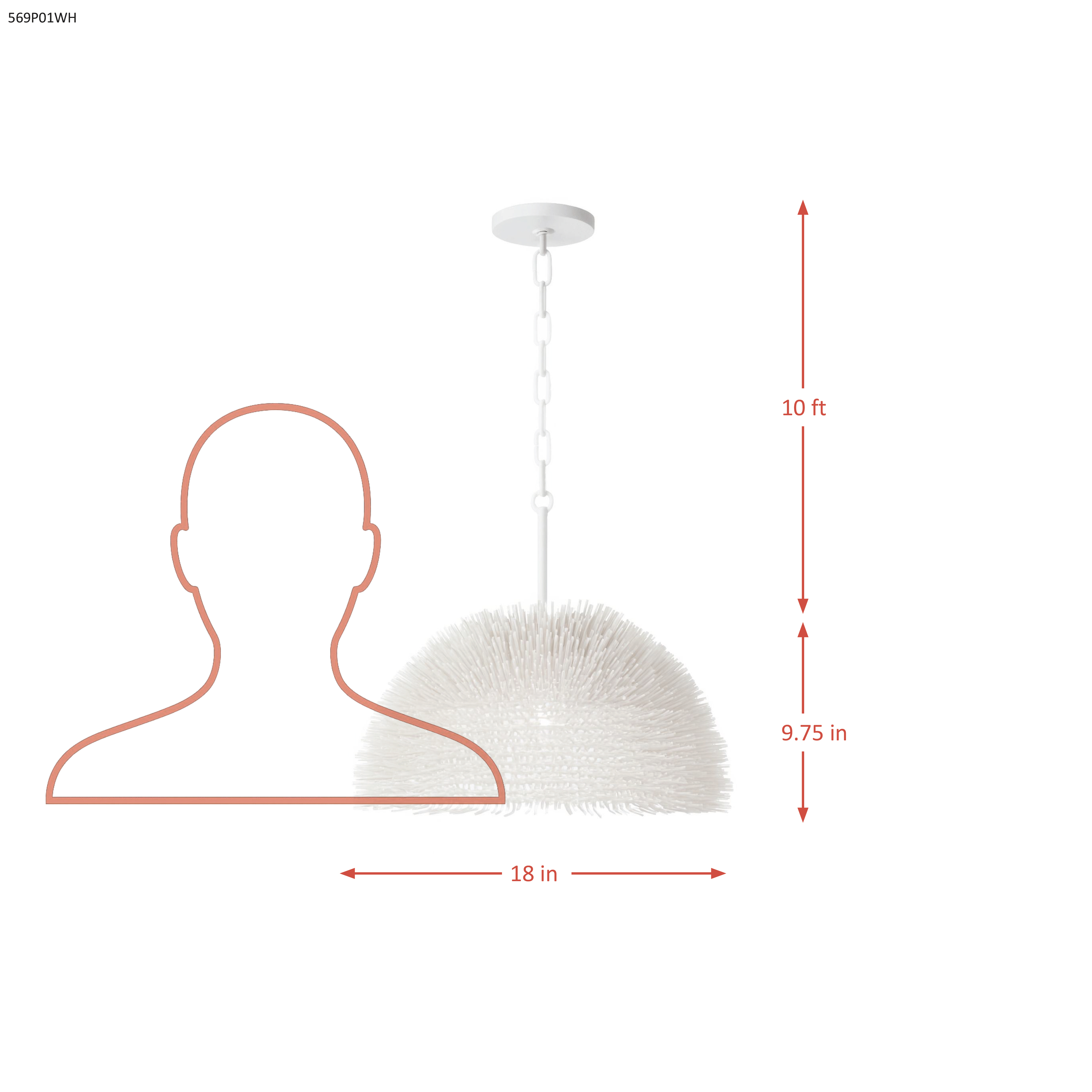 Urchin 1 Light Dome Pendant - White dimensions