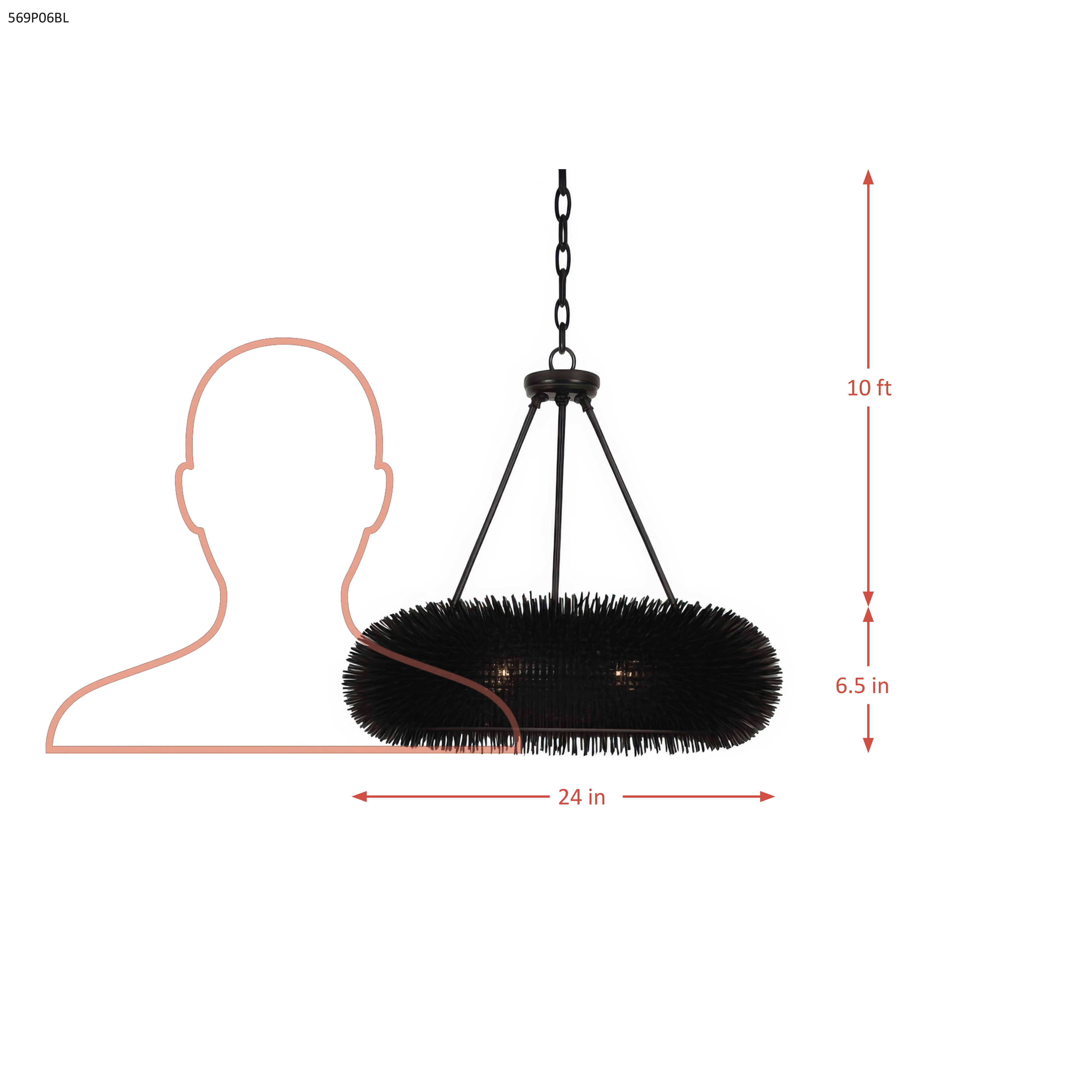 Urchin 6 Light Pendant - Black dimensions