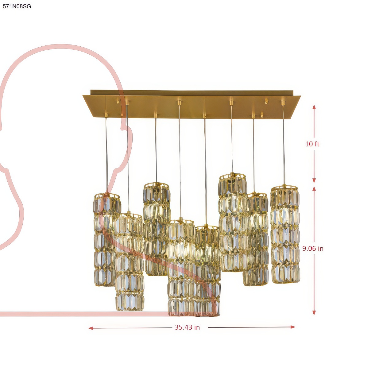 Golden Hour 8 Light Dimmable Linear Cluster of Pendants dimensions