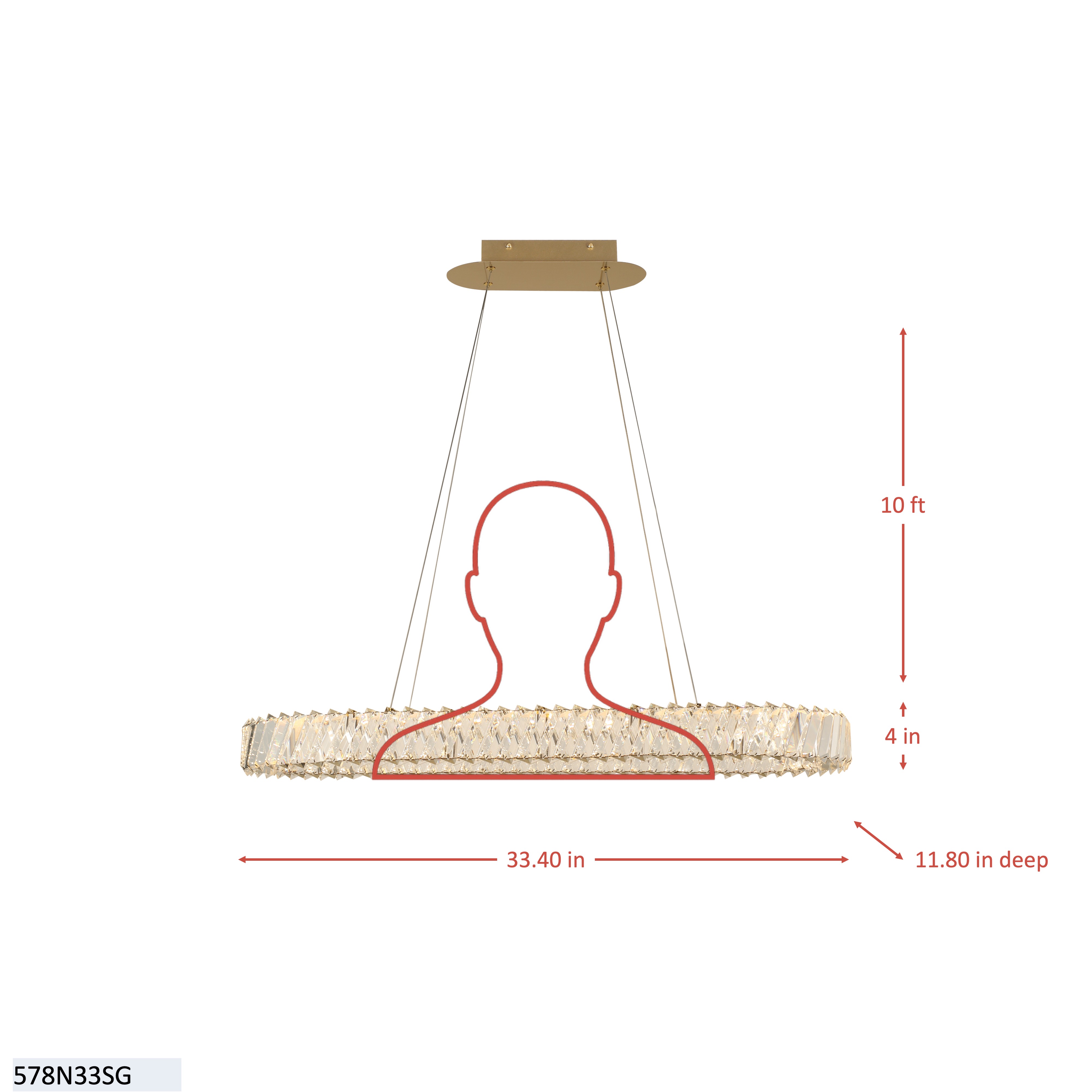 Golden Ratio 33 in Oval LED Crustal Pendant dimensions
