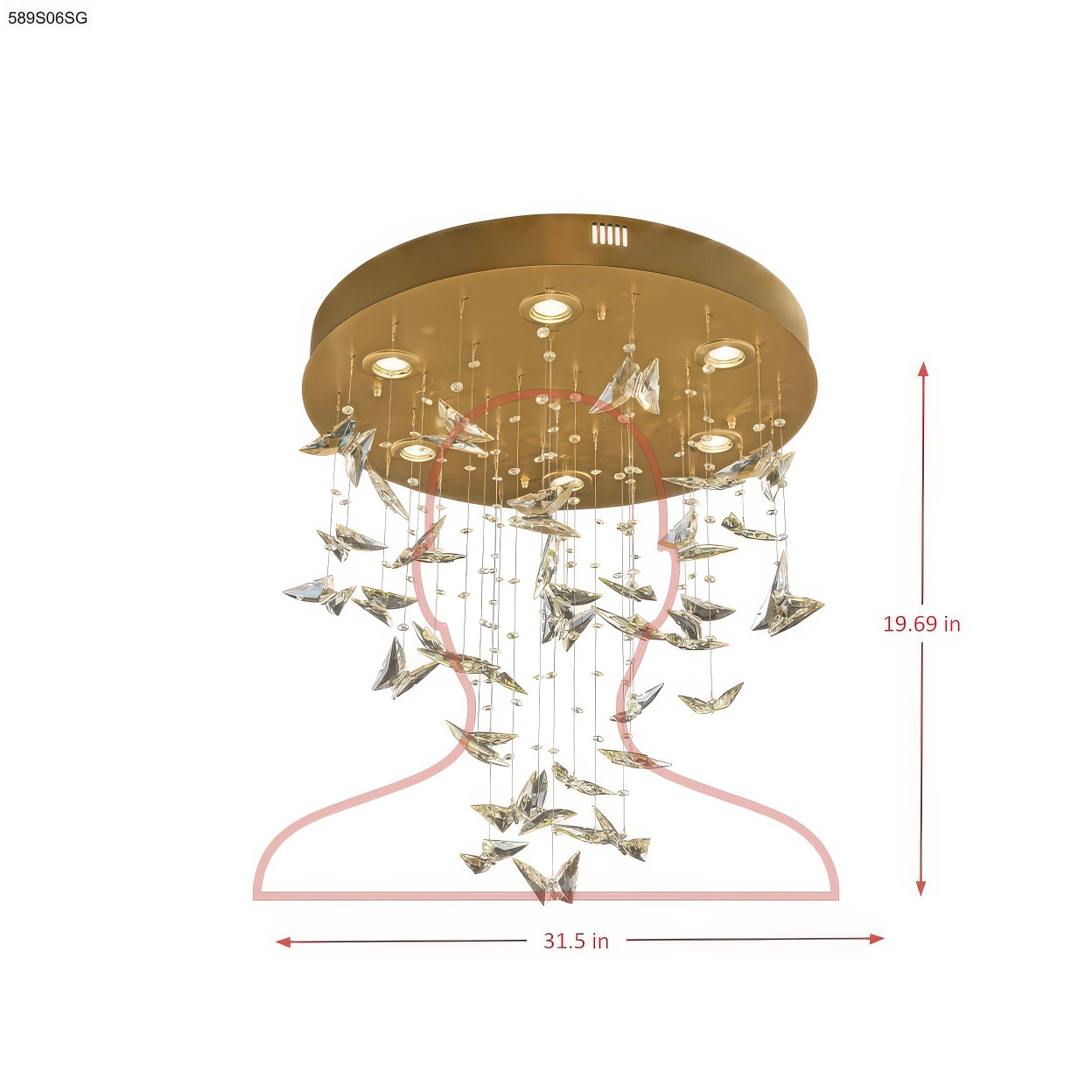 Night Garden 6 Light Leaded Crystal Butterfly Flush Mount dimensions