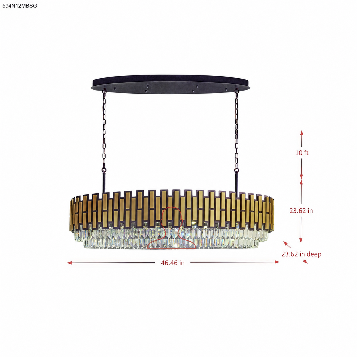 Black Tie 12 Light Dimmable Linear Pendant - Black and Satin Gold dimensions