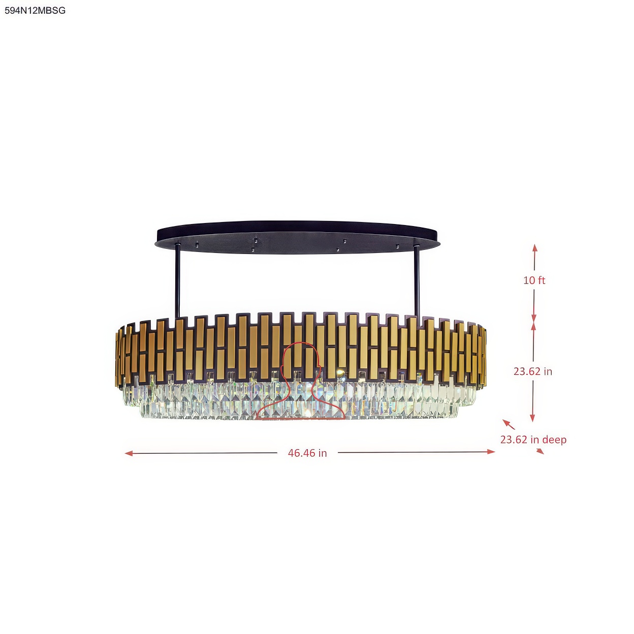 Black Tie 12 Light Dimmable Linear Pendant - Black and Satin Gold dimensions