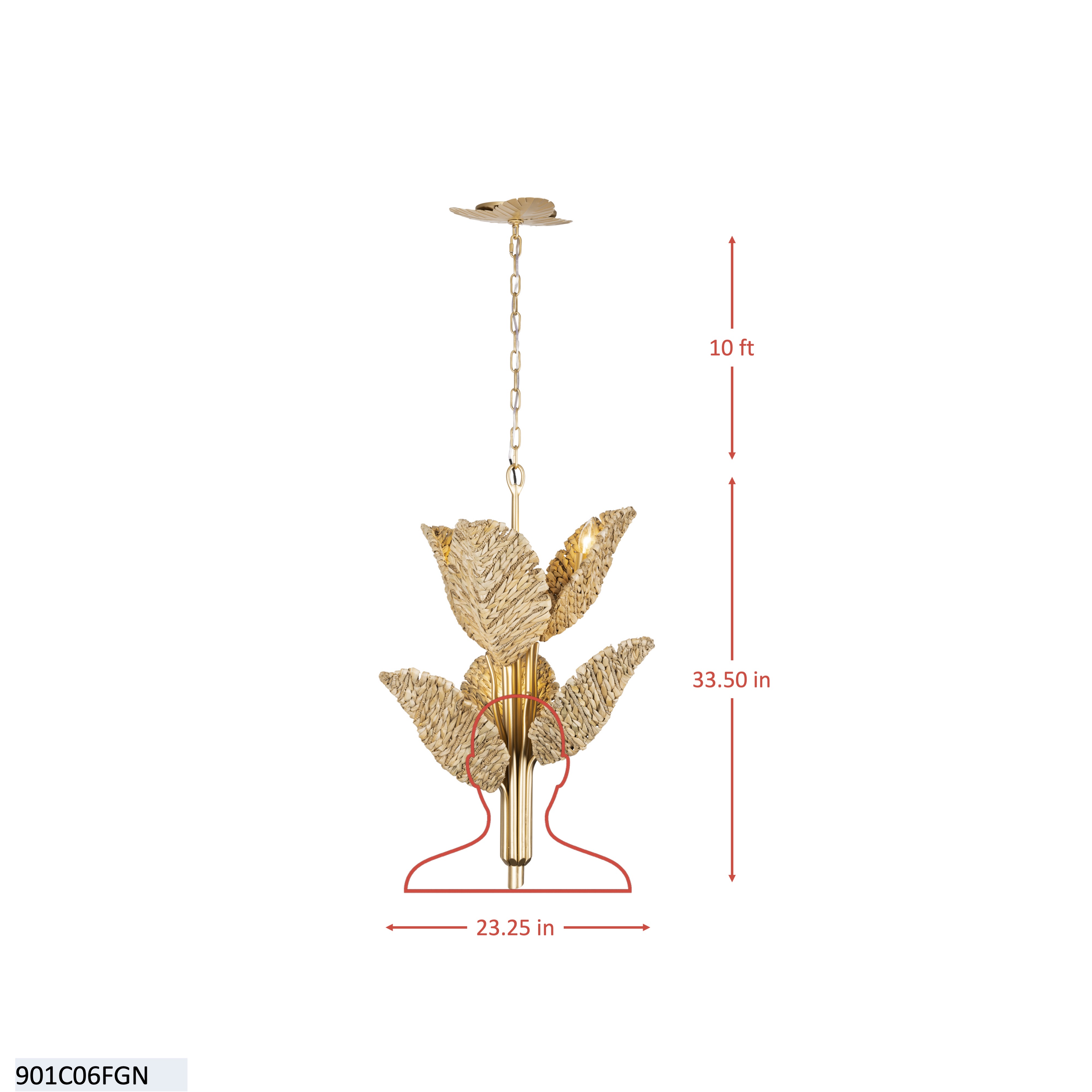 Banana Leaf 6 Light Chandelier - French Gold/Natural Seagrass dimensions