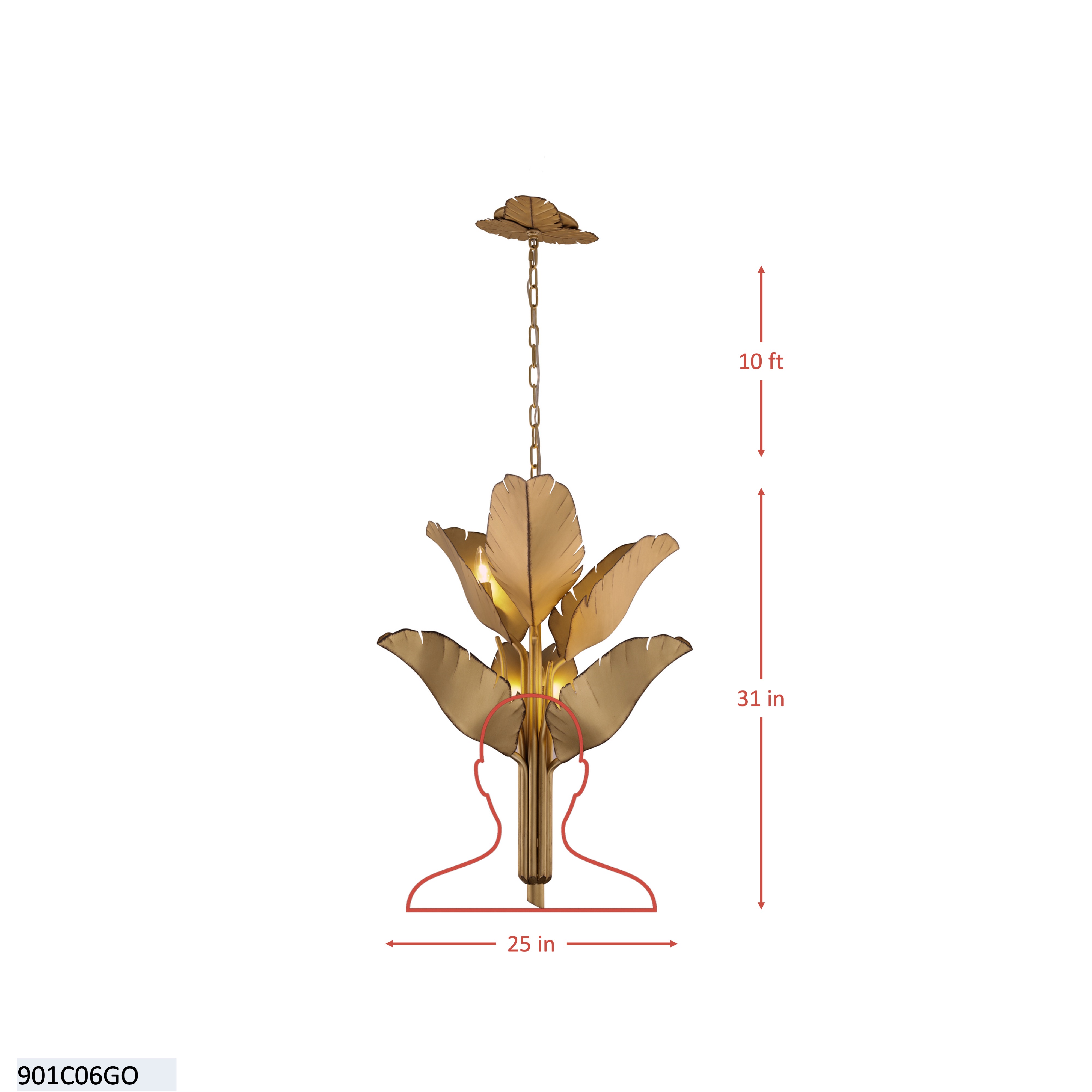 Banana Leaf 6 Light Chandelier - Gold dimensions