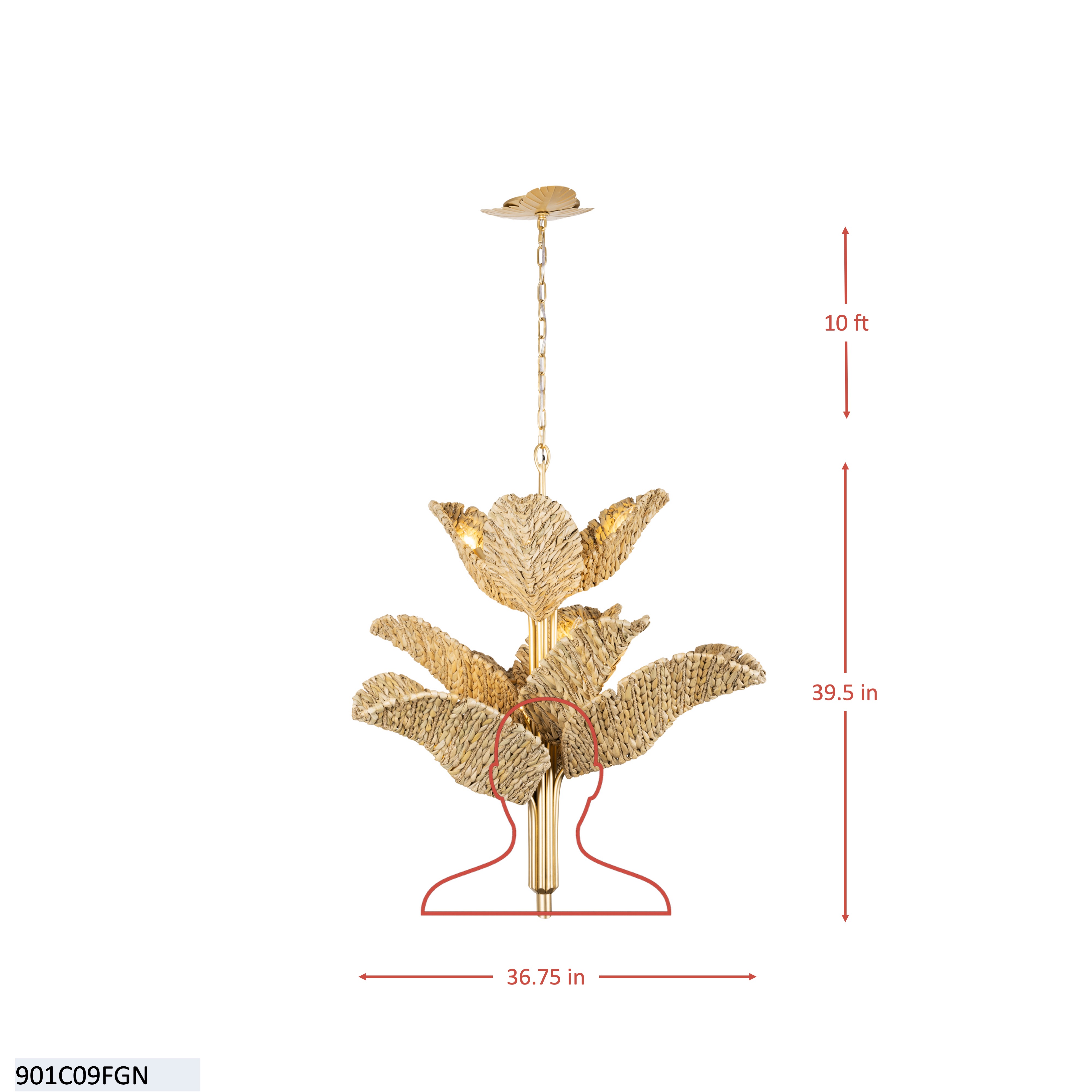 Banana Leaf 9 Light Chandelier - French Gold/Natural Seagrass dimensions