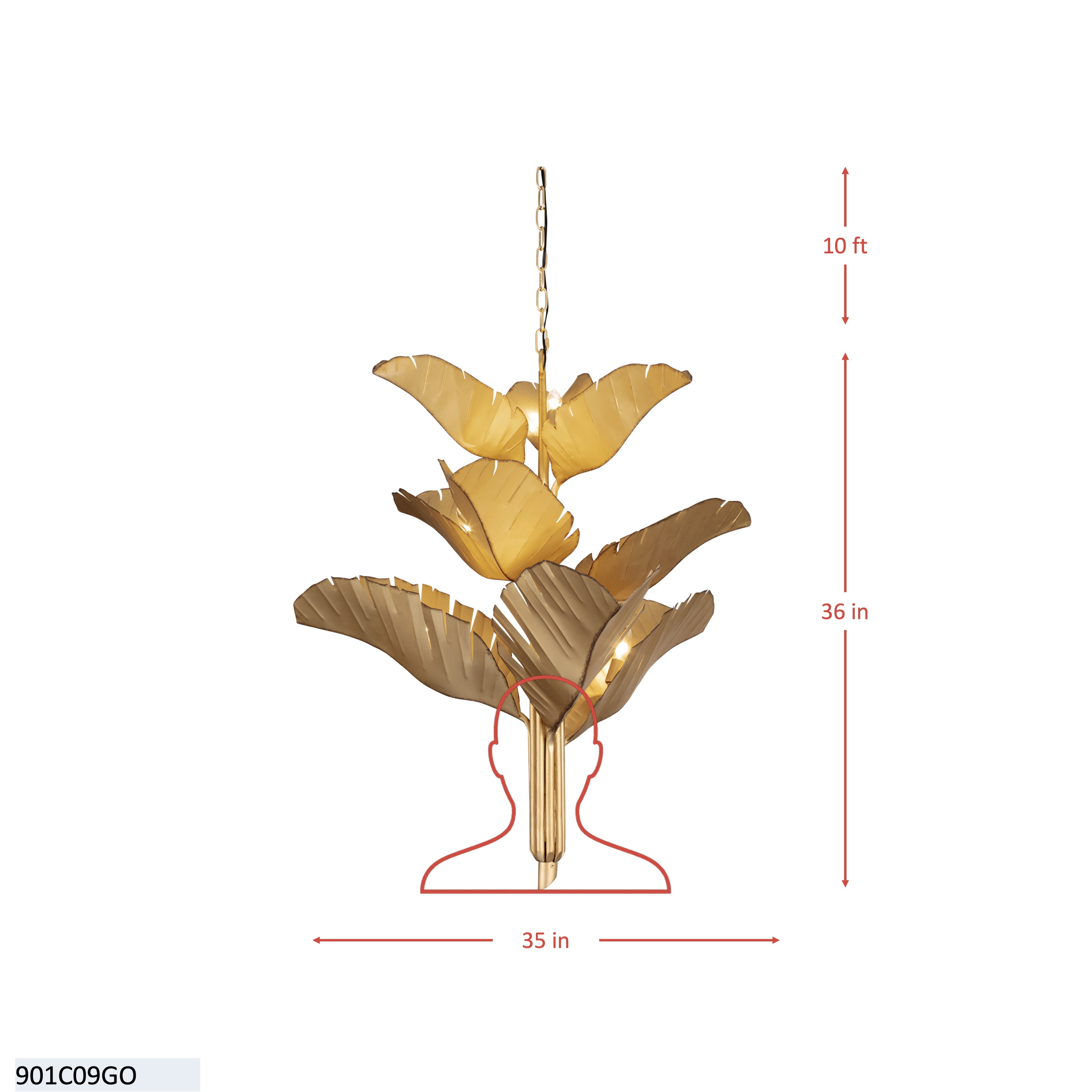 Banana Leaf 9 Light Chandelier - Gold dimensions