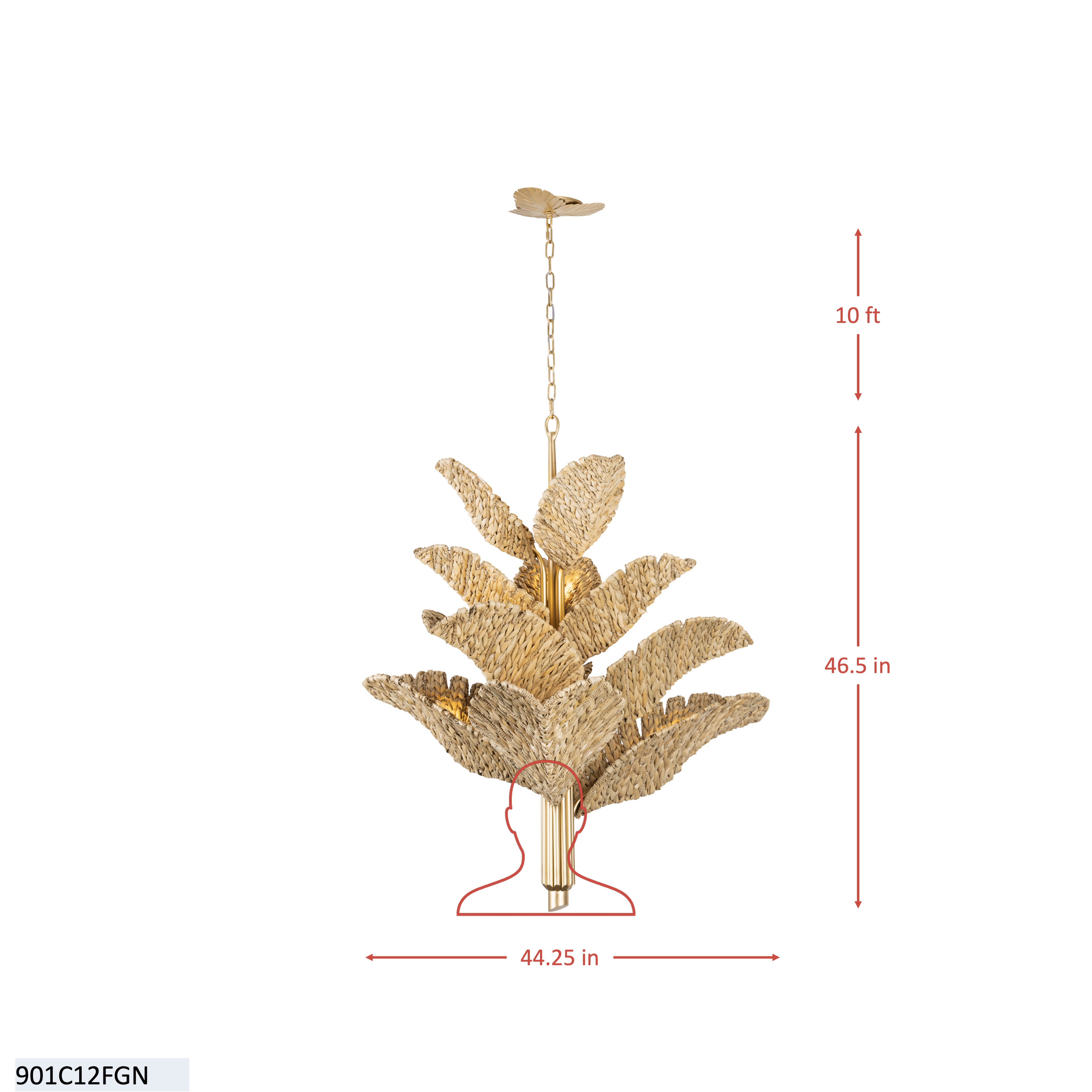 Banana Leaf 12 Light Chandelier - French Gold/Natural Seagrass dimensions