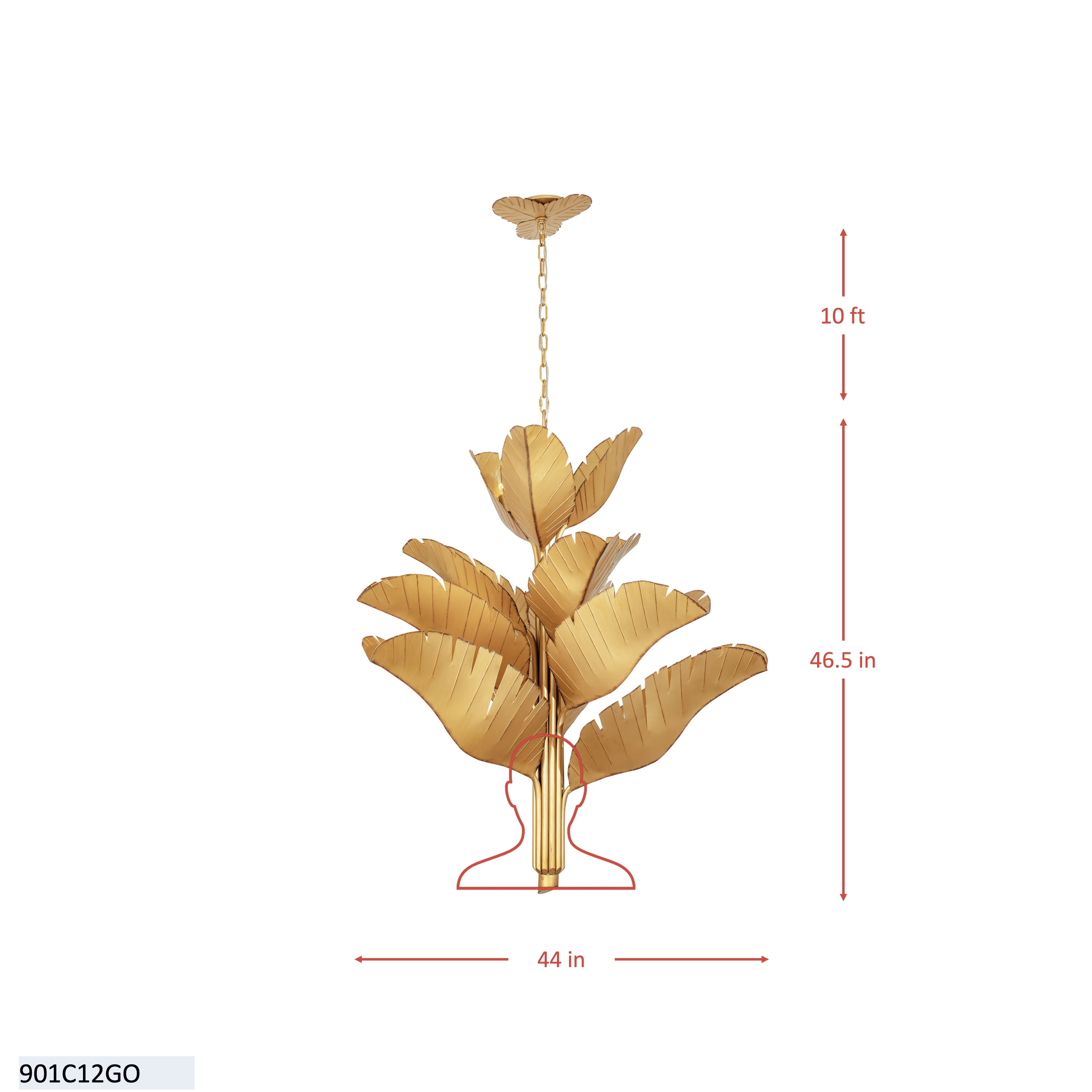 Banana Leaf 12 Light Chandelier - Gold dimensions