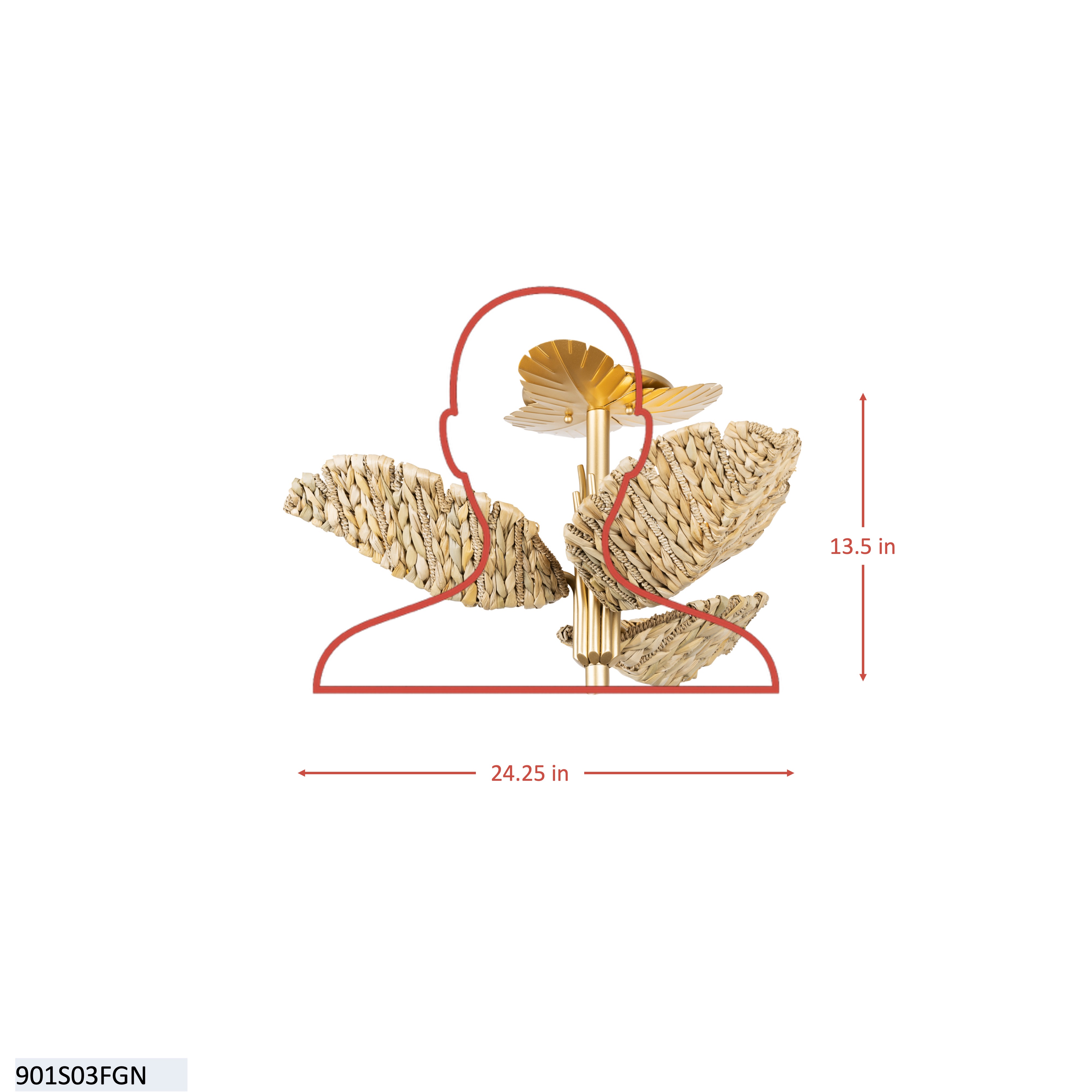 Banana Leaf 3 Light Semi-Flush - French Gold/Natural Seagrass dimensions