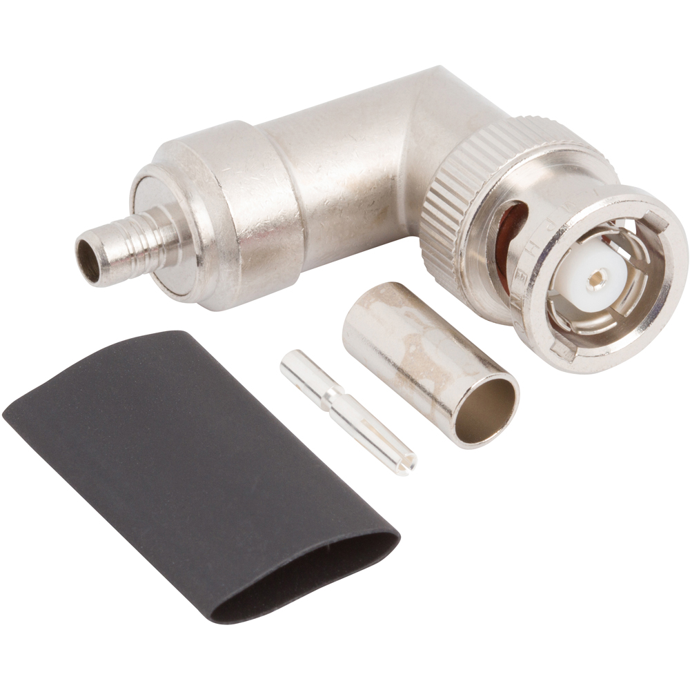 thumbnail image 2 of TNC Male Right Angle Crimp Connector – For RG58, LMR195, RG142 – Silver – Made In USA 2 of 3