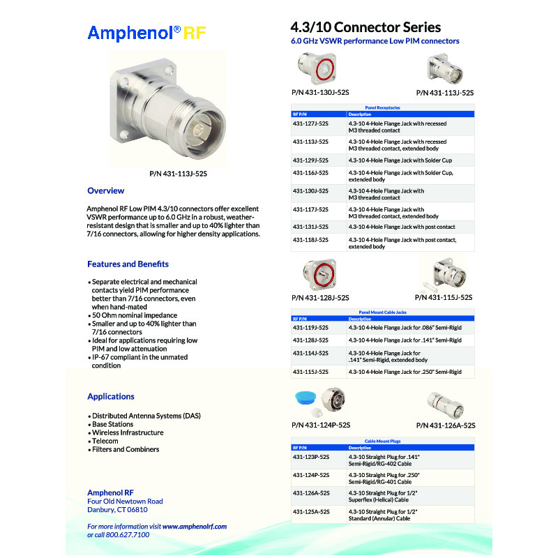 The 4.3-10 Connector Cut Sheet provides a detailed overview of the 4.3-10 RF connector series, designed for superior performance in high-frequency applications. This document outlines the key features of the 4.3-10 connectors, including their low PIM (Passive Intermodulation) performance, compact design, and high durability, making them ideal for telecommunications, wireless infrastructure, and RF signal transmission. The connectors are engineered for easy installation, offering a user-friendly interface with threaded, push-pull, and hand-screw coupling mechanisms to ensure secure connections.