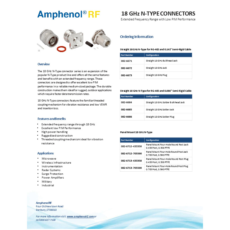 Amphenol RF's 18 GHz N-Type connectors extend the frequency range of the traditional N-Type product line to 18 GHz, providing excellent low PIM performance in a durable, medium-sized package. These connectors are ideal for rugged, outdoor applications requiring high power handling and vibration resistance, with applications in microwave, wireless infrastructure, and radar systems.
