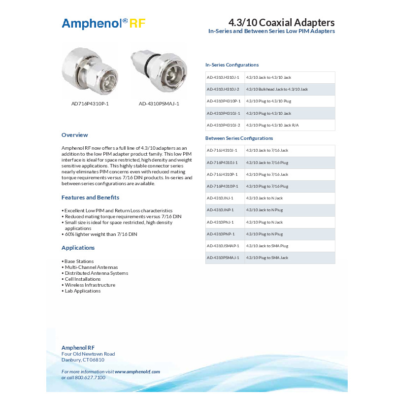 Amphenol RF introduces a comprehensive line of 4.3/10 low PIM adapters, expanding their low PIM adapter product family. These adapters are designed for space-restricted, high-density, and weight-sensitive applications, offering superior PIM performance and reduced mating torque compared to 7/16 DIN connectors, with in-series and between-series configurations available.