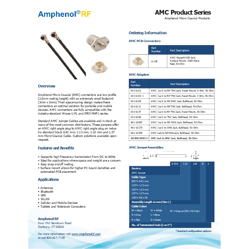 Amphenol Micro Coaxial (AMC) connectors are low-profile solutions with a 2.5mm mating height and a 3mm x 3mm footprint, designed for portable and mobile devices. These connectors support high-frequency transmission from DC to 6 GHz, feature easy snap-on/off mating, and are compatible with Hirose U.FL and IPEX MHF1 series, making them ideal for applications like antennas, Bluetooth, GPS, WLAN, and cellular devices.