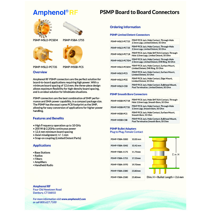 The Amphenol RF PSMP Cut Sheet highlights the PSMP connector series, a versatile RF solution engineered for high-power applications requiring robust performance and flexibility. This series is designed to handle high-frequency signals with excellent electrical performance, making it ideal for base stations, power amplifiers, and industrial applications. The PSMP connectors feature a compact, high-reliability design with options for smooth bore and full detent mating styles, ensuring secure connections while accommodating misalignment.