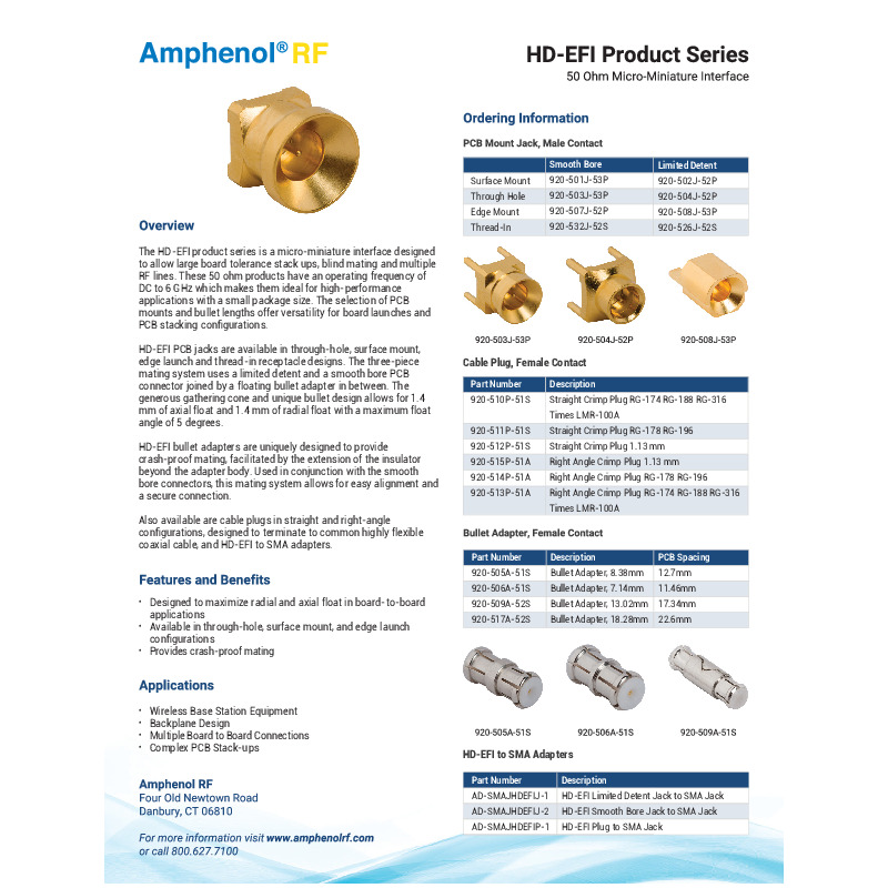 The HD-EFI product series by Amphenol RF offers micro-miniature interfaces designed for high-performance applications with a frequency range from DC to 6 GHz. These 50 ohm products are ideal for board-to-board applications, featuring versatile PCB mounts and bullet lengths, and providing up to 1.4 mm axial and radial float. HD-EFI connectors are available in various configurations, including through-hole, surface mount, edge launch, and thread-in, and support blind mating with crash-proof designs​​.