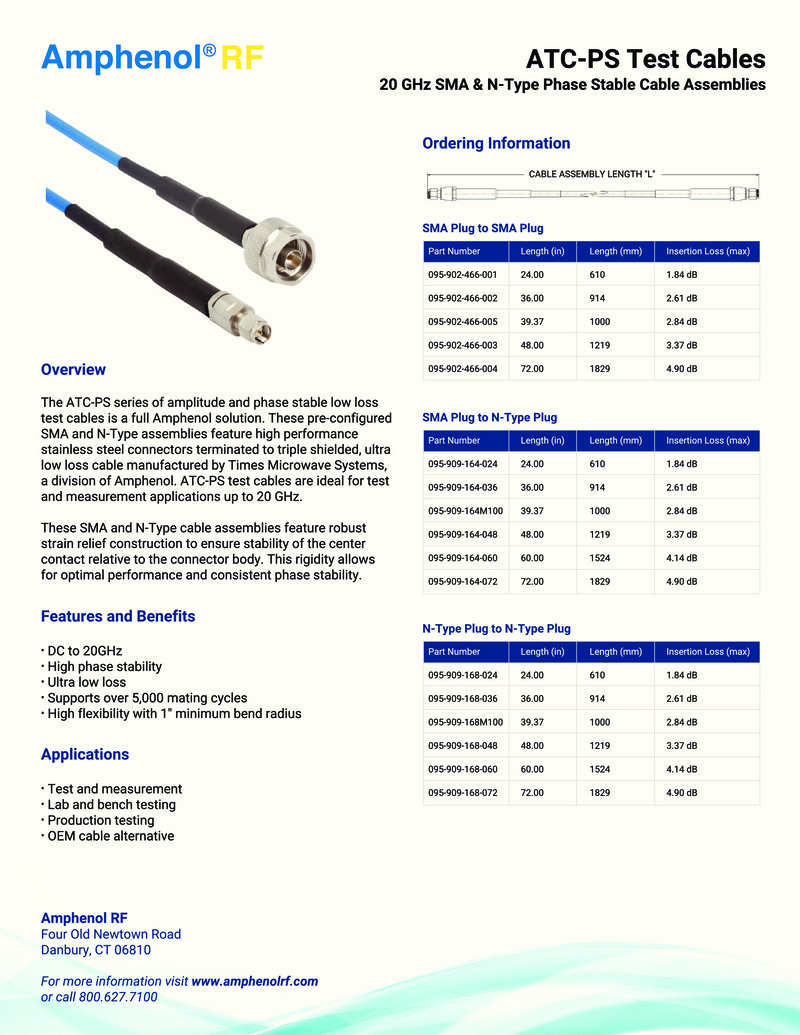 The ATC-PS cable assemblies cutsheet provides info for ATC-PS cable assemblies, outlining their technical specifications, features, and applications. It provides precise information on the design and performance characteristics of these cable assemblies, including impedance, frequency range, insertion loss, and durability. The document highlights the materials used, ensuring reliability and high performance in demanding environments. Additionally, it specifies the industries and applications these cable assemblies are designed for, demonstrating their suitability for various high-frequency and precision connectivity needs.