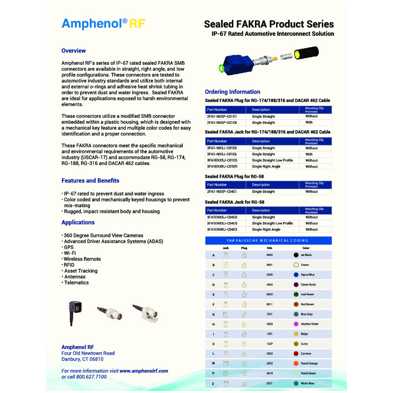 The "Sealed FAKRA Cut Sheet" highlights FAKRA/USCAR mechanical coding for connectors. These connectors are designed for secure and reliable automotive applications, featuring mechanical and color coding to prevent mismating. The sealed FAKRA connectors are IP67 rated, providing protection against dust and temporary submersion in water, making them ideal for use in harsh environments​​.
