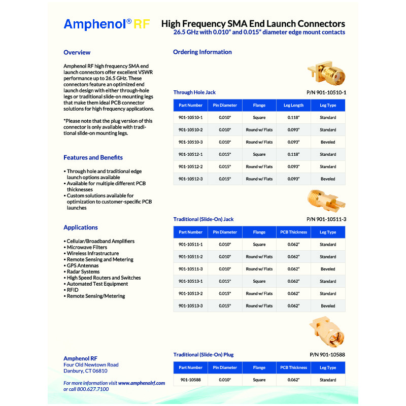 The Amphenol RF High-Frequency SMA Connectors Cut Sheet presents a premium line of high-performance SMA connectors engineered for exceptional signal integrity at high frequencies. Designed to support applications up to 27 GHz and beyond, these connectors deliver low VSWR, minimal insertion loss, and superior durability, making them ideal for 5G, aerospace, defense, and high-speed communication systems.