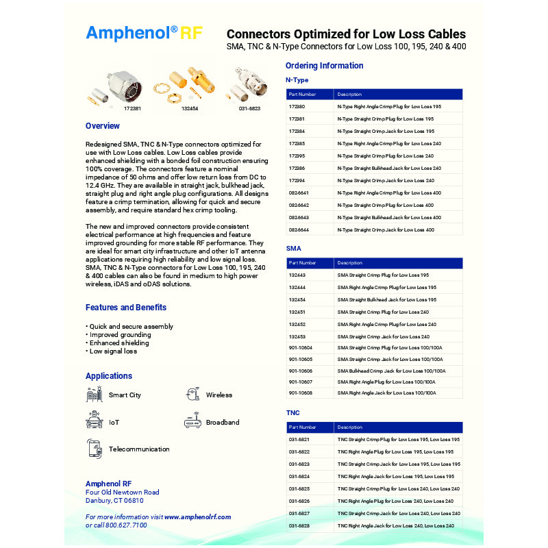The "Connectors Optimized for Low Loss Cables" guide by Amphenol RF features redesigned SMA, TNC, and N-Type connectors specifically tailored for Low Loss cables. These connectors, which include straight and right-angle plugs and jacks, provide enhanced shielding, improved grounding, and low signal loss for applications requiring high reliability, such as smart city infrastructure and IoT antenna systems. They support frequencies up to 12.4 GHz for SMA and 6 GHz for TNC and N-Type connectors, ensuring consistent electrical performance and quick, secure assembly with standard hex crimp tooling​​.