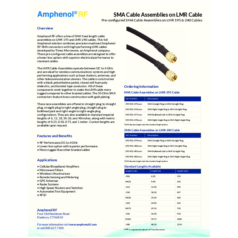 The Amphenol RF SMA cable assemblies cut sheet details pre-configured assemblies using LMR-195 and LMR-240 cables, ideal for high-performance applications such as base stations, antennas, and telecommunication devices. These assemblies, featuring SMA connectors and Times Microwave LMR cables, operate from DC to 6 GHz, offering lower loss and superior electrical performance with rugged construction. Configurations include straight plug, right-angle plug, and bulkhead jack, available in various lengths and custom options upon request​​.