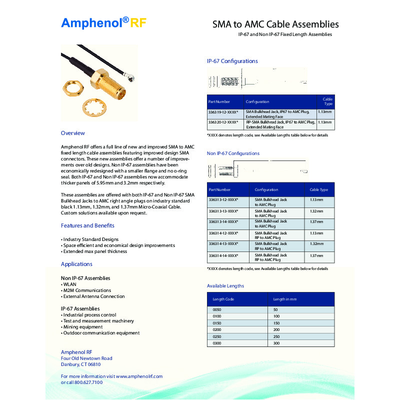 The Amphenol RF SMA to AMC Cable Assemblies cut sheet outlines both IP-67 and non-IP-67 fixed length assemblies designed for various applications. These assemblies feature improved design SMA connectors, offering space-efficient and economical improvements, with support for thicker panels. They are ideal for WLAN, M2M communications, and outdoor equipment, and are available in different configurations with micro-coaxial cables in lengths from 50 mm to 300 mm​​.