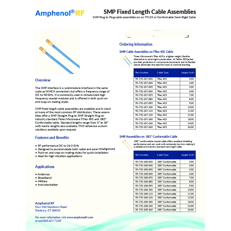The Amphenol RF SMP Fixed Length Cable Assemblies cut sheet details SMP plug-to-plug cable assemblies using TFlex 405 and .085” conformable cables. These assemblies support frequencies from DC to 26.5 GHz and are ideal for high-vibration applications, offering push-on and snap-on mating styles. Available in lengths from 3 to 36 inches, these assemblies are designed for use in antennas, broadband, military, and instrumentation applications​​.