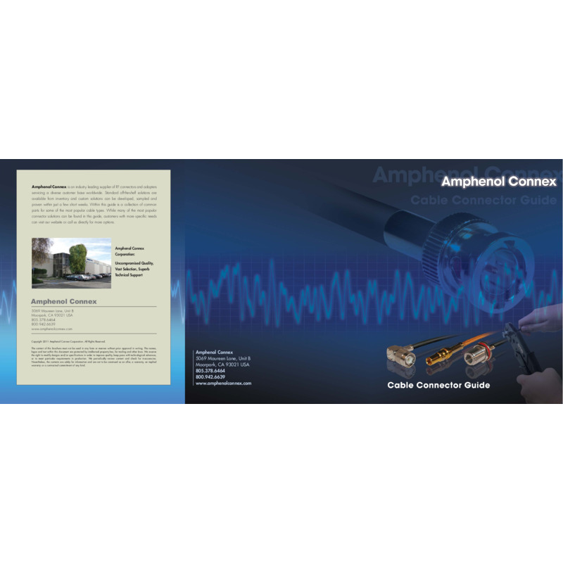 The Amphenol Connex Cable Connector Guide provides an extensive selection of RF connectors and adapters, detailing common parts for popular cable types. The guide emphasizes uncompromised quality, vast selection, and superb technical support, while also offering customization options for specific customer needs. It includes information on crimp tooling compatible with industry-standard crimp die set dimensions, ensuring reliable and efficient assembly​​.