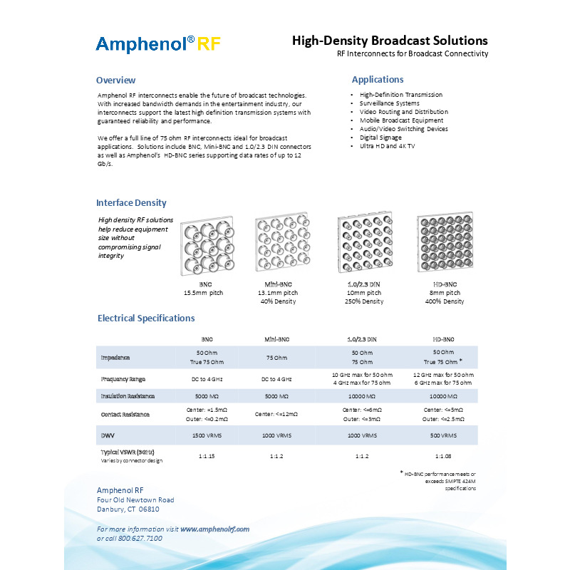 The "High-Density Broadcast Solutions" document from Amphenol RF highlights their range of RF interconnects designed for broadcast connectivity, including BNC, Mini-BNC, 1.0/2.3 DIN, and HD-BNC connectors. These connectors offer various impedances and frequency ranges, with HD-BNC providing the highest density at an 8mm pitch and supporting data rates up to 12 Gb/s. Applications include high-definition transmission, video routing, mobile broadcast equipment, and digital signage, ensuring reliable performance and reduced equipment size without compromising signal integrity​​.