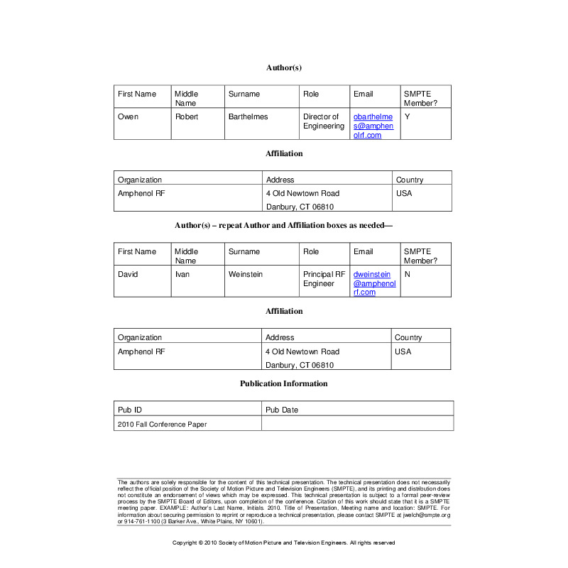 The "High Density Interconnect Standards for Next Generation Broadcast Networks" paper discusses the HD-BNC connector, designed to meet modern broadcast systems' demands for higher density and performance. HD-BNC offers significant density improvements over traditional BNC connectors, with a 75 ohm interface optimized for high bandwidth up to 6 GHz. It maintains robustness and user-friendly bayonet-style mating, providing better mechanical and RF performance than other high-density alternatives like 1.0/2.3 and Mini-BNC. The HD-BNC's design ensures compatibility with industry-standard tools and cables, making it a superior choice for next-generation broadcast applications​​.
