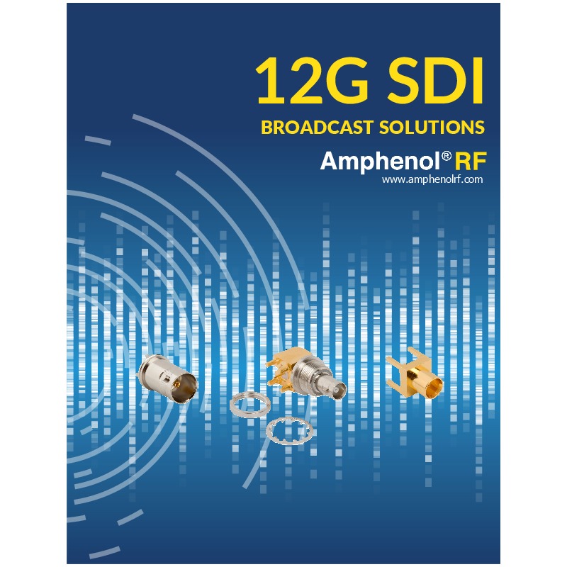 Amphenol RF offers 12G SDI broadcast solutions designed for Ultra High Definition (4K) video, utilizing BNC, HD-BNC, and MCX connectors optimized for 12 Gbps data transfer. These connectors provide reliable, high-quality signal transmission on a single channel, supporting various applications including mobile broadcast, HD cameras, and video routers.