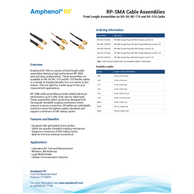Amphenol RF's RP-SMA Cable Assemblies feature gold-plated brass bodies and support up to 500 mating cycles, designed for applications requiring low-loss antenna connections. These fixed length assemblies on RG-58, RG-174, and RG-316 cables offer reliable performance up to 5 GHz, ideal for laboratory RF test and measurement, wireless LAN antennas, land mobile radio, and cellular communication systems.