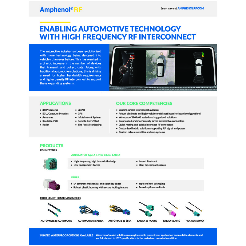 The Amphenol RF Automotive Solutions Overview provides a detailed overview of Amphenol RF’s cutting-edge automotive solutions, emphasizing their extensive range of high-performance RF connectors and cable assemblies. These solutions are engineered to meet the demanding requirements of the modern automotive industry, offering superior durability, reliability, and compliance with industry standards.