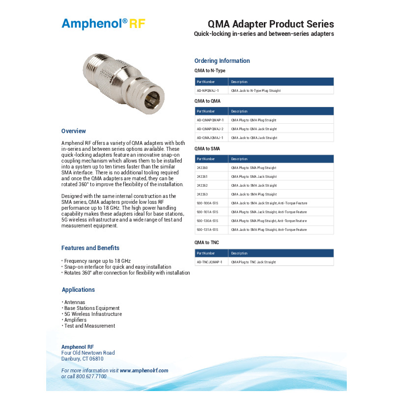 Amphenol RF's QMA Adapter Series features quick-locking in-series and between-series adapters with a snap-on interface, offering fast and flexible installation by allowing 360° rotation after connection. These adapters support frequencies up to 18 GHz and are ideal for applications such as antennas, base stations, 5G wireless infrastructure, amplifiers, and test and measurement equipment.