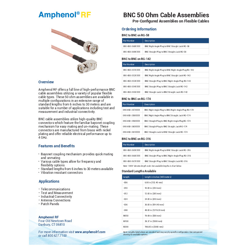 Amphenol RF's BNC 50 Ohm cable assemblies offer high-performance solutions utilizing various flexible cables. These assemblies feature a bayonet coupling mechanism for quick and secure mating, vibration-resistant connectors, and are available in lengths from 6 inches to 30 meters. Suitable for telecommunications, test and measurement, industrial connectivity, antenna connections, and patch panels, they support frequencies up to 4 GHz (1 GHz for RG-174). The assemblies use high-quality brass connectors with nickel plating and PTFE insulators, ensuring reliable electrical performance and durability.