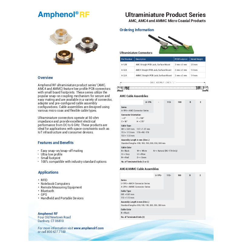 The Amphenol RF Ultraminiature Product Series datasheet highlights AMC, AMC4, and AMMC micro coaxial connectors, featuring low profiles and small footprints ideal for space-constrained applications like IoT and consumer devices. These 50 ohm connectors, compatible with industry standards, offer snap-on mating for easy connection and provide excellent electrical performance from DC to 6 GHz​​.