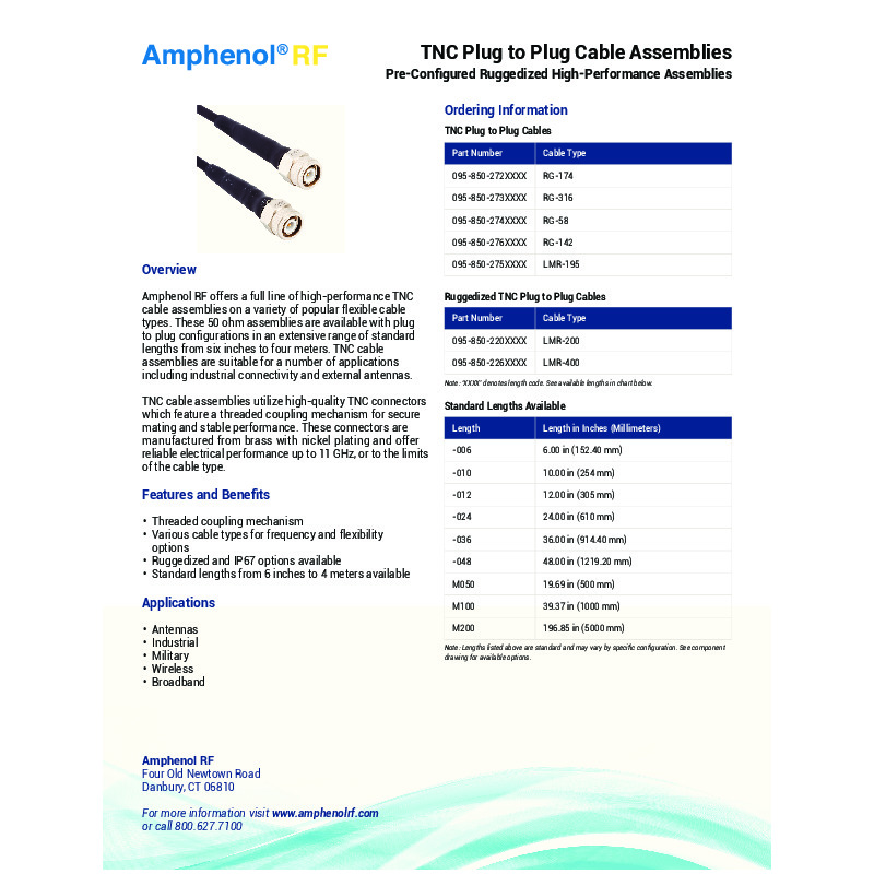 The Amphenol RF TNC Plug-to-Plug Cable Assemblies datasheet describes 50 ohm assemblies available in standard lengths from six inches to four meters, featuring threaded coupling for secure and stable connections. These high-performance assemblies, suitable for industrial connectivity and external antennas, operate up to 11 GHz and come in ruggedized and IP67 options​​.