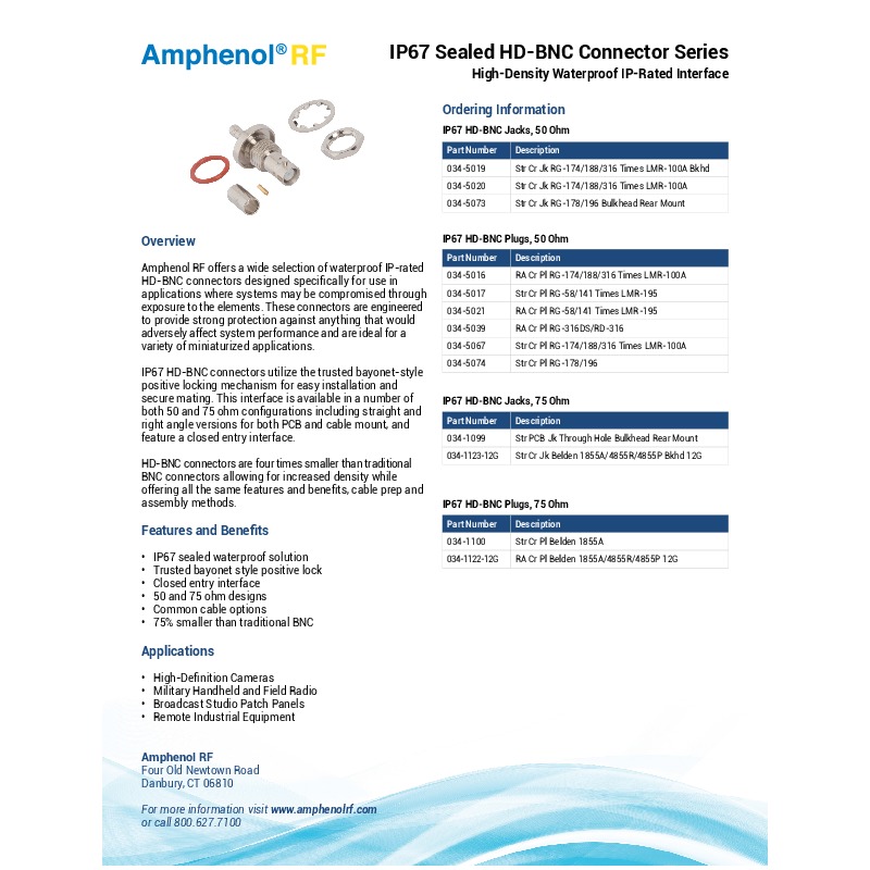 The Amphenol RF IP67 HD-BNC Product Series features waterproof HD-BNC connectors designed for high-density applications that require protection against environmental elements. These connectors are 75% smaller than traditional BNC connectors, offer a bayonet-style positive lock mechanism, and are available in both 50 and 75 ohm configurations, making them ideal for high-definition cameras, military radios, broadcast studios, and remote industrial equipment.