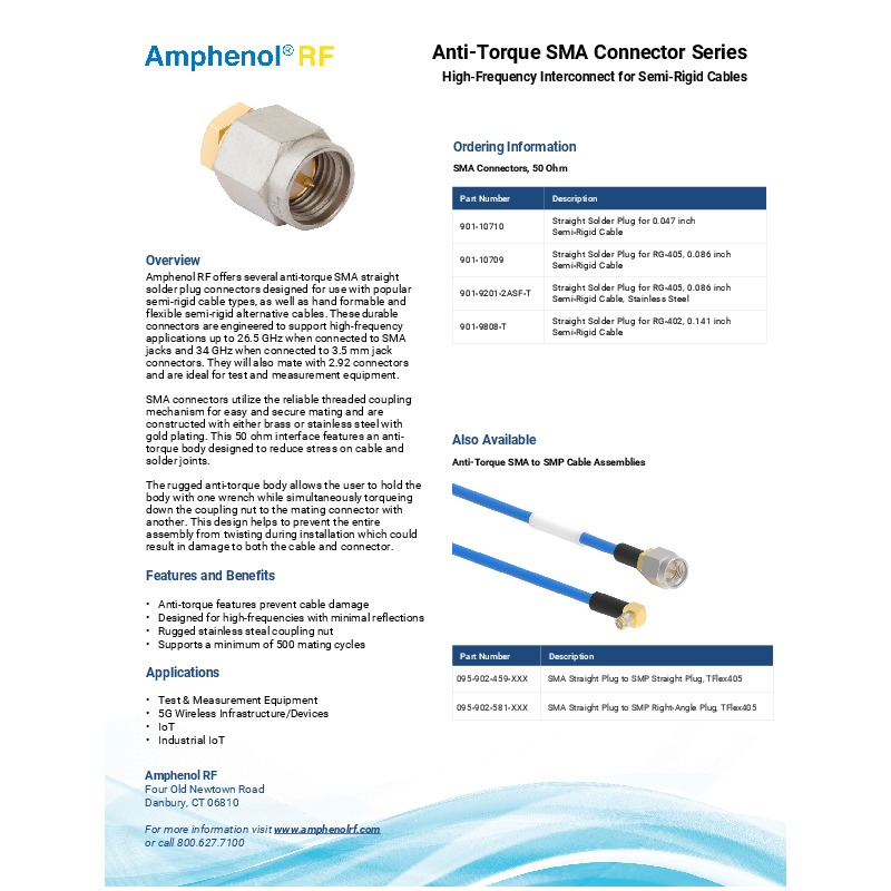 Amphenol RF's Anti-Torque SMA Connector Series offers high-frequency connectors designed for semi-rigid cables, supporting applications up to 26.5 GHz with SMA jacks and up to 34 GHz with 3.5 mm jack connectors. These connectors feature a rugged anti-torque body to prevent damage during installation and are ideal for test and measurement equipment, 5G wireless infrastructure, IoT, and industrial IoT applications. Constructed from brass or stainless steel with gold plating, they support a minimum of 500 mating cycles and ensure reliable performance with minimal reflections.