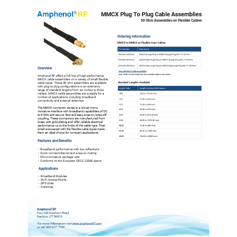 Amphenol RF's MMCX Cable Assemblies provide broadband performance with low reflections, featuring quick connect/disconnect snap-on mating in a micro-miniature package size. These 50 ohm assemblies, available in various standard lengths, are ideal for applications such as broadband modules, Wi-Fi access points, GPS units, and antennas, offering reliable performance up to 6 GHz.