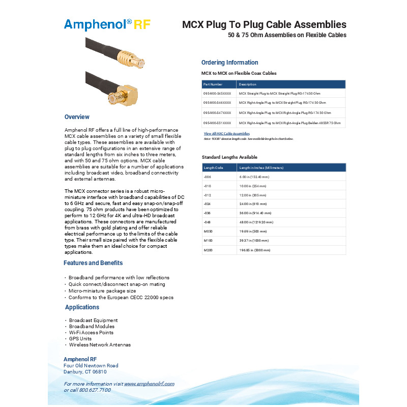 Amphenol RF's MCX Cable Assemblies provide broadband performance with low reflections, featuring a quick connect/disconnect snap-on mating mechanism. These 50 and 75 ohm assemblies, available in various lengths and configurations, are ideal for broadcast equipment, Wi-Fi access points, GPS units, and wireless network antennas, offering reliable electrical performance up to 6 GHz (12 GHz for 75 ohm products).