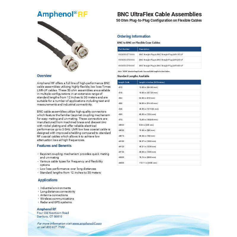 Amphenol RF's BNC UltraFlex cable assemblies feature 50 Ohm BNC plug-to-plug configurations on flexible, low-loss LMR-UF cables. These assemblies support high-performance applications in industrial environments, long-distance connectivity, antenna connections, wireless communications, and radar and GPS systems. They offer reliable electrical performance up to 3 GHz, utilize a bayonet coupling mechanism for quick mating, and come in standard lengths from 12 inches to 30 meters. Constructed with machined brass and diecast zinc connectors with nickel plating, these assemblies ensure low attenuation loss and improved shielding for high-frequency applications.