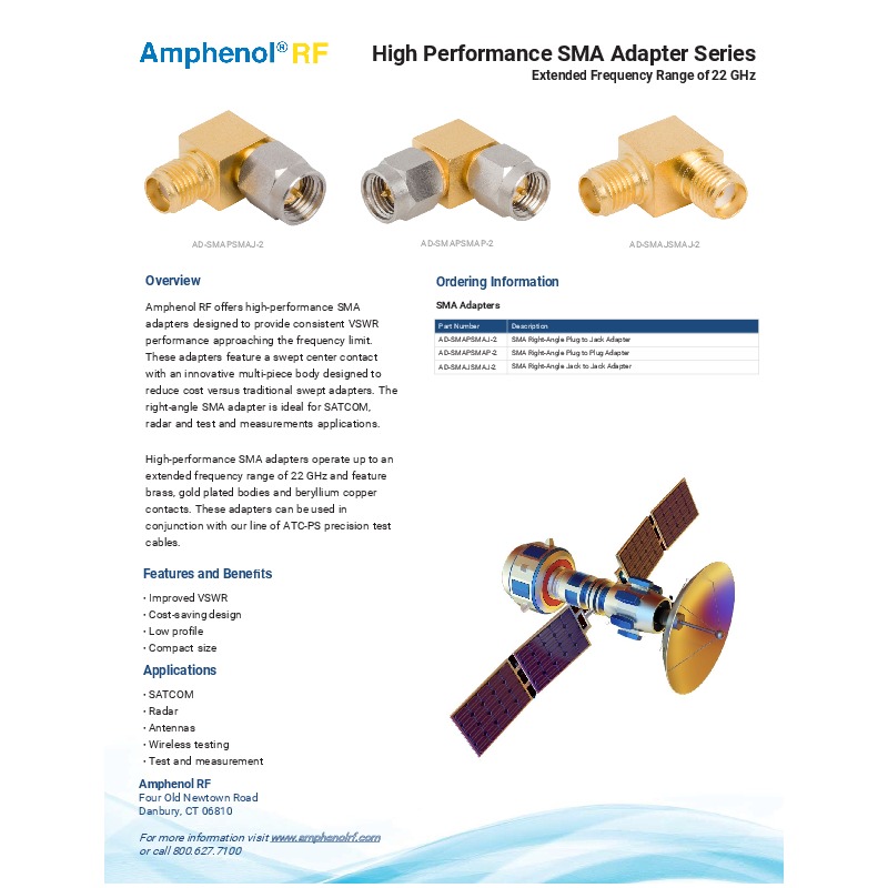 The Amphenol RF High Performance SMA Adapter series offers low-profile, cost-saving adapters with improved VSWR performance, operating up to 22 GHz. These adapters, featuring gold-plated brass bodies and beryllium copper contacts, are ideal for applications in SATCOM, radar, antennas, and wireless testing.