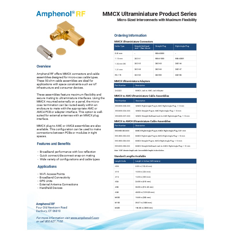 Amphenol RF's MMCX Ultraminiature Product Series offers 50 ohm connectors and cable assemblies designed for micro-coax cable types, providing broadband performance with low reflection and quick connect/disconnect snap-on mating. These assemblies are ideal for space-constrained applications such as IoT devices, Wi-Fi access points, GPS units, and external antenna connections, with configurations that allow for flexible routing within enclosures.