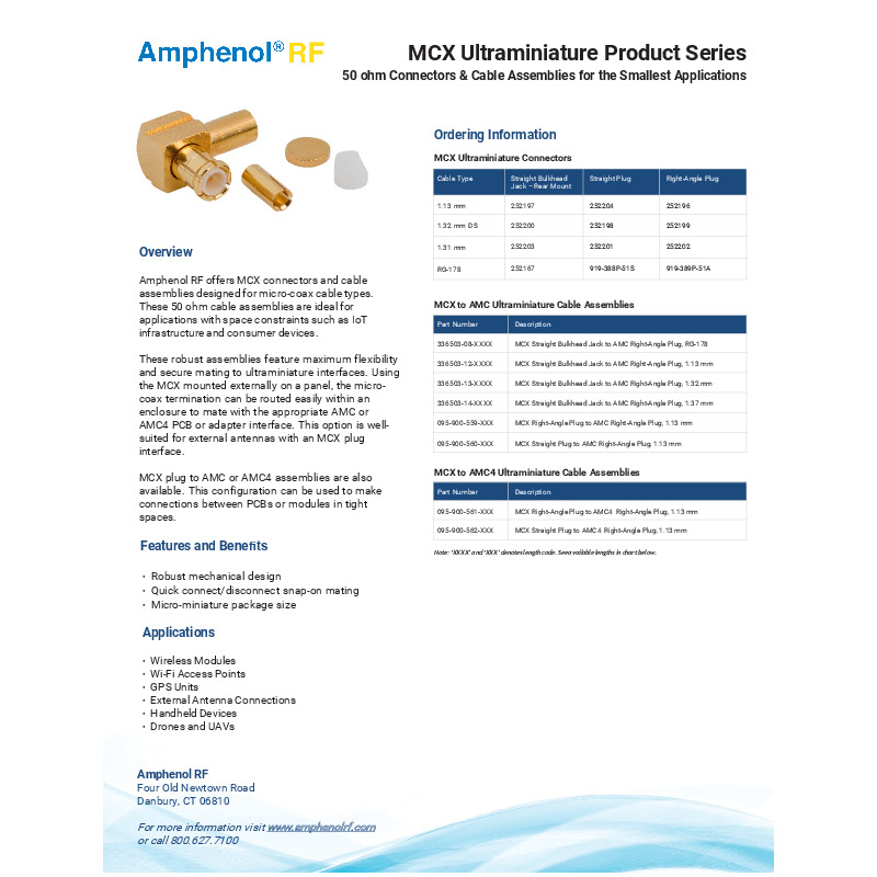 Amphenol RF's MCX Ultraminiature Product Series includes robust, 50 ohm connectors and cable assemblies designed for space-constrained applications such as IoT devices and handheld electronics. These assemblies feature quick connect/disconnect snap-on mating, micro-miniature size, and are available in various configurations, making them suitable for external antennas and internal connections within devices.