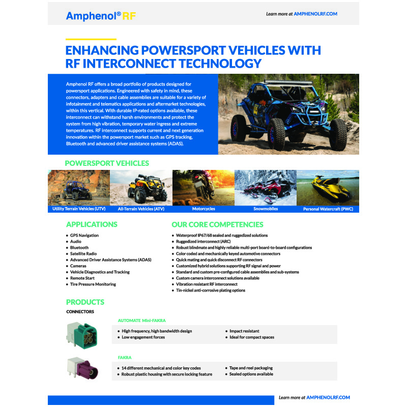 Amphenol RF's Powersports Solutions provide durable, IP-rated connectors, adapters, and cable assemblies engineered for powersport applications, supporting GPS tracking, Bluetooth, ADAS, and more. These robust interconnects are designed to withstand high vibration, temporary water ingress, and extreme temperatures, enhancing the functionality and safety of vehicles such as ATVs, UTVs, motorcycles, snowmobiles, and personal watercraft.
