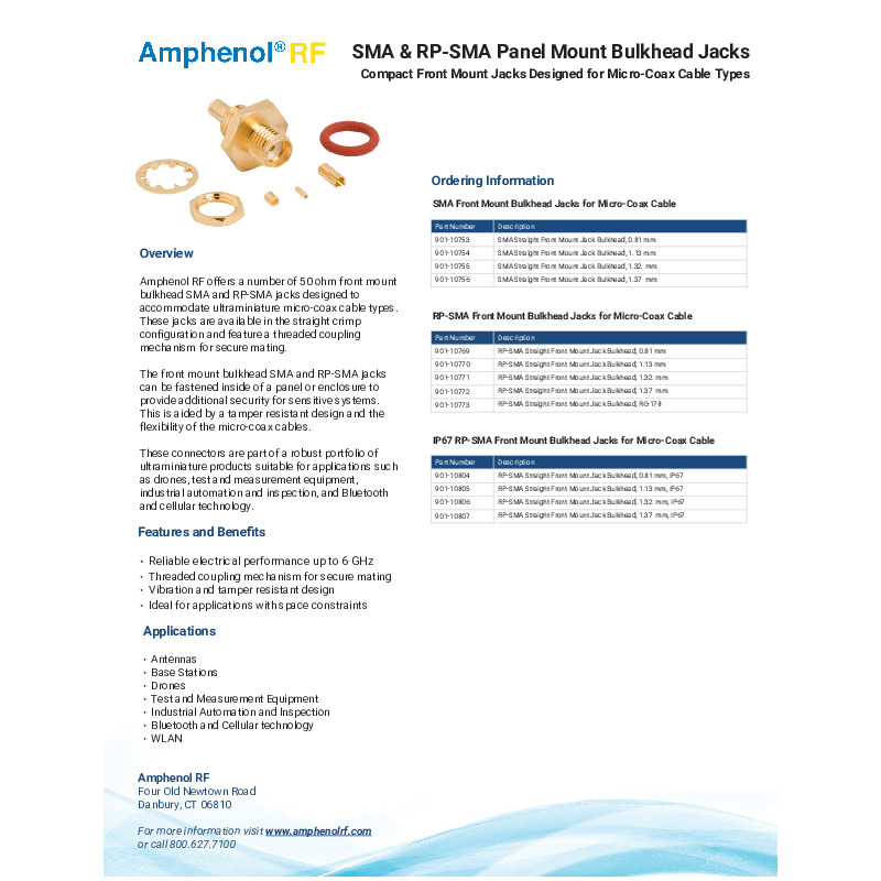 Amphenol RF's SMA & RP-SMA Front Mount Bulkhead Jacks offer reliable electrical performance up to 6 GHz and feature a threaded coupling mechanism for secure mating. These 50 ohm connectors are ideal for applications with space constraints, such as antennas, base stations, drones, and test and measurement equipment, with options available for ultraminiature micro-coax cables and IP67-rated versions for added environmental protection.