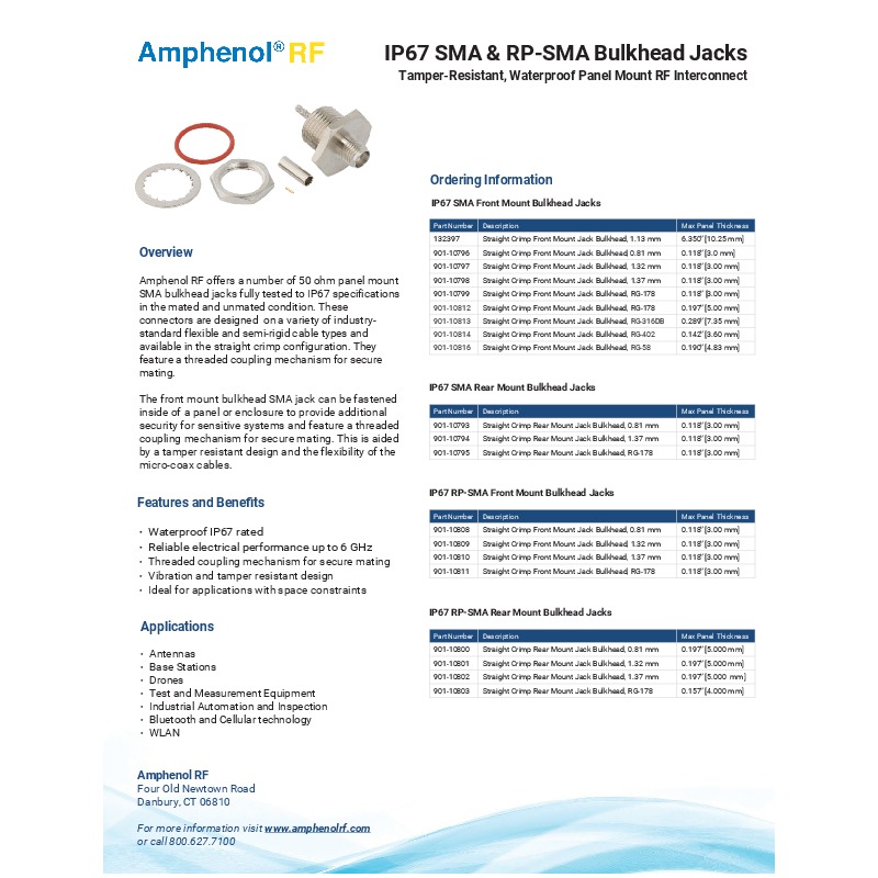 Amphenol RF's IP67 SMA Front Mount Bulkhead Jacks offer waterproof, tamper-resistant RF interconnect solutions with reliable electrical performance up to 6 GHz. Designed for applications like antennas, base stations, and industrial automation, these connectors feature a threaded coupling mechanism for secure mating and are ideal for use in space-constrained environments.