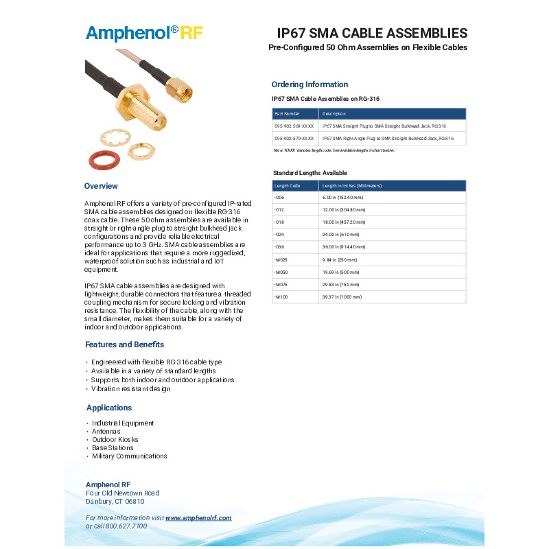 Amphenol RF's IP67 SMA Bulkhead Cable Assemblies feature pre-configured 50 ohm assemblies on flexible RG-316 coaxial cable, designed for both indoor and outdoor applications. These assemblies, available in various lengths, offer secure locking with threaded connectors, providing reliable performance up to 3 GHz, and are ideal for industrial equipment, antennas, and military communications.